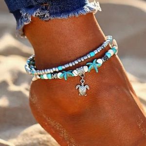 NEW OCEAN BEACH SEA TURTLE CHARM RICE BEADS STARFISH ADJUSTABLE ANKLE BRACELET